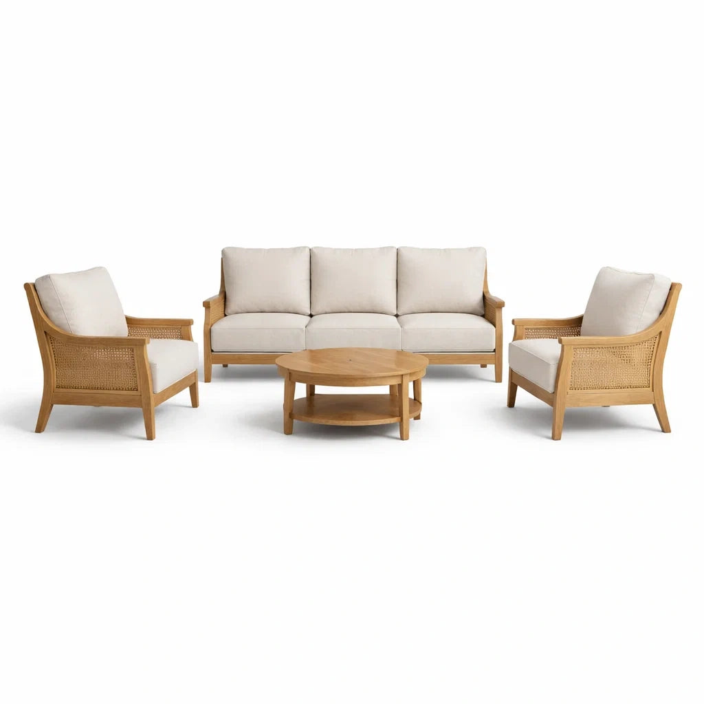 Ensemble de salon en bois avec coussins en tissu beige - 2026