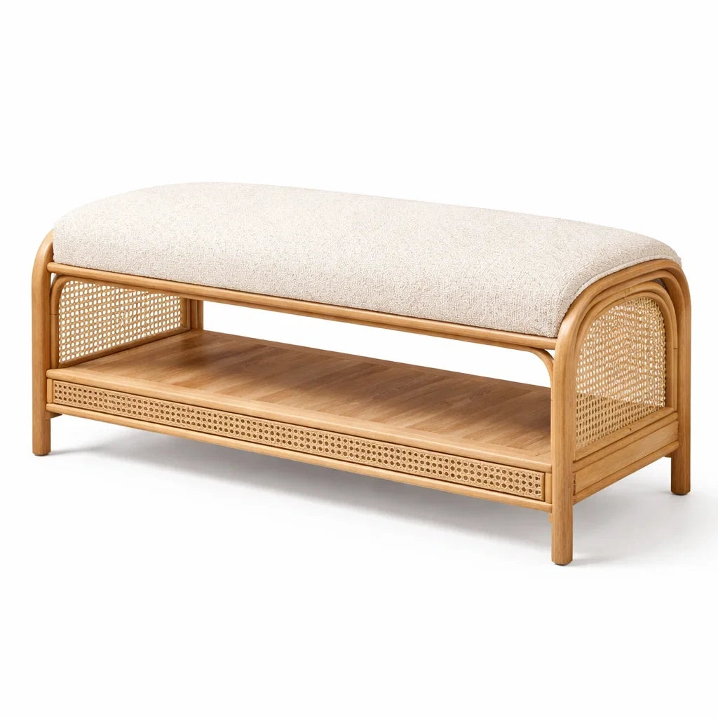 Banc en rotin avec coussin en tissu beige et naturel 115 x 40 x 45 cm - 2026