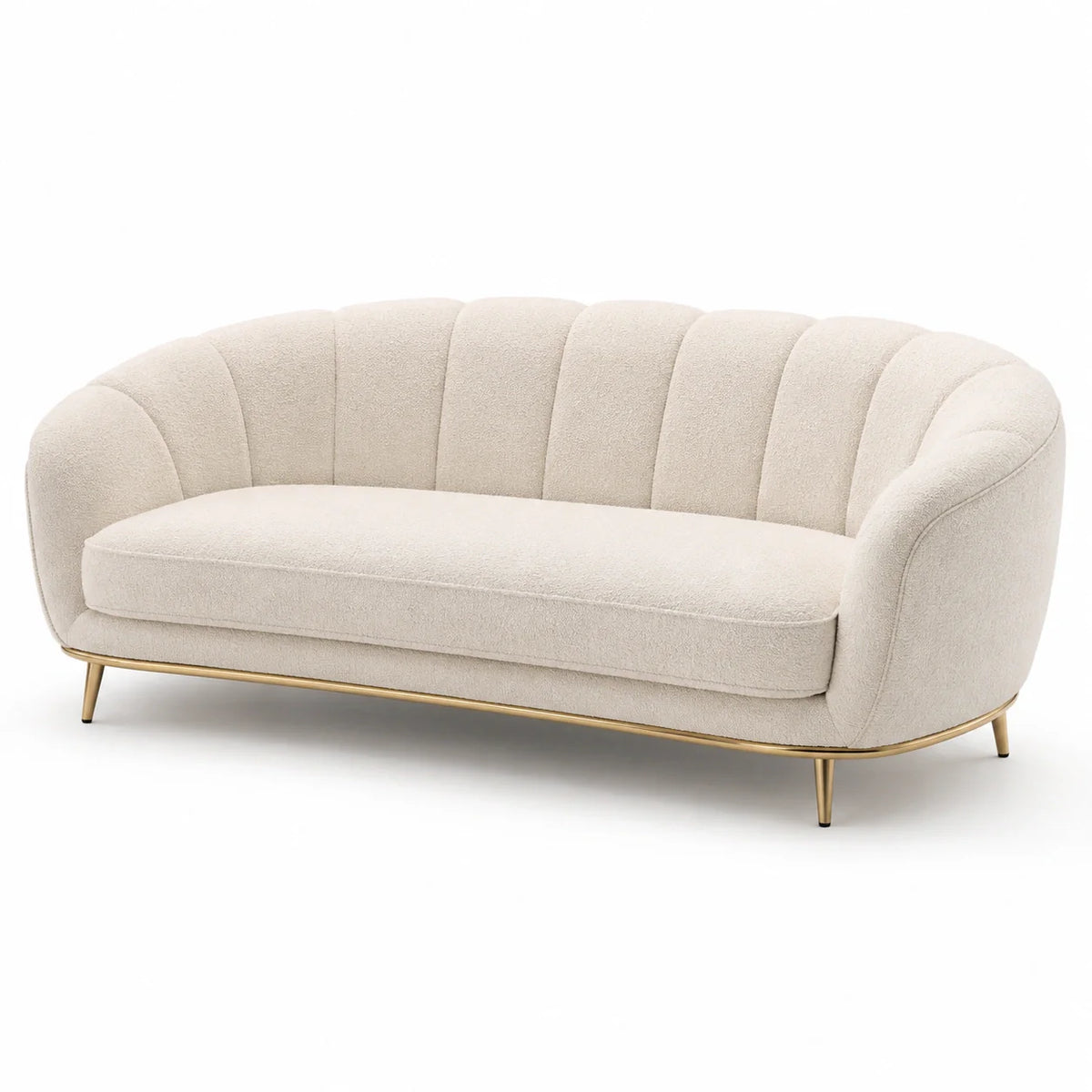 Canapé 3 places en tissu bouclé beige avec pieds en métal doré - 2026