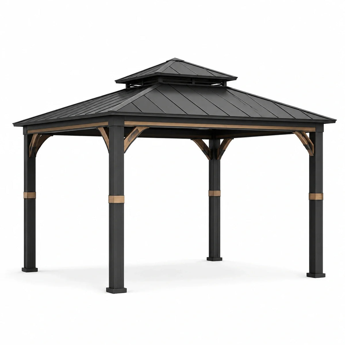 Pavillon en aluminium avec toit en acier noir et bois naturel - 2026