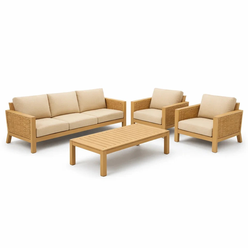Salon de jardin en bois et rotin avec coussins beige - 2026