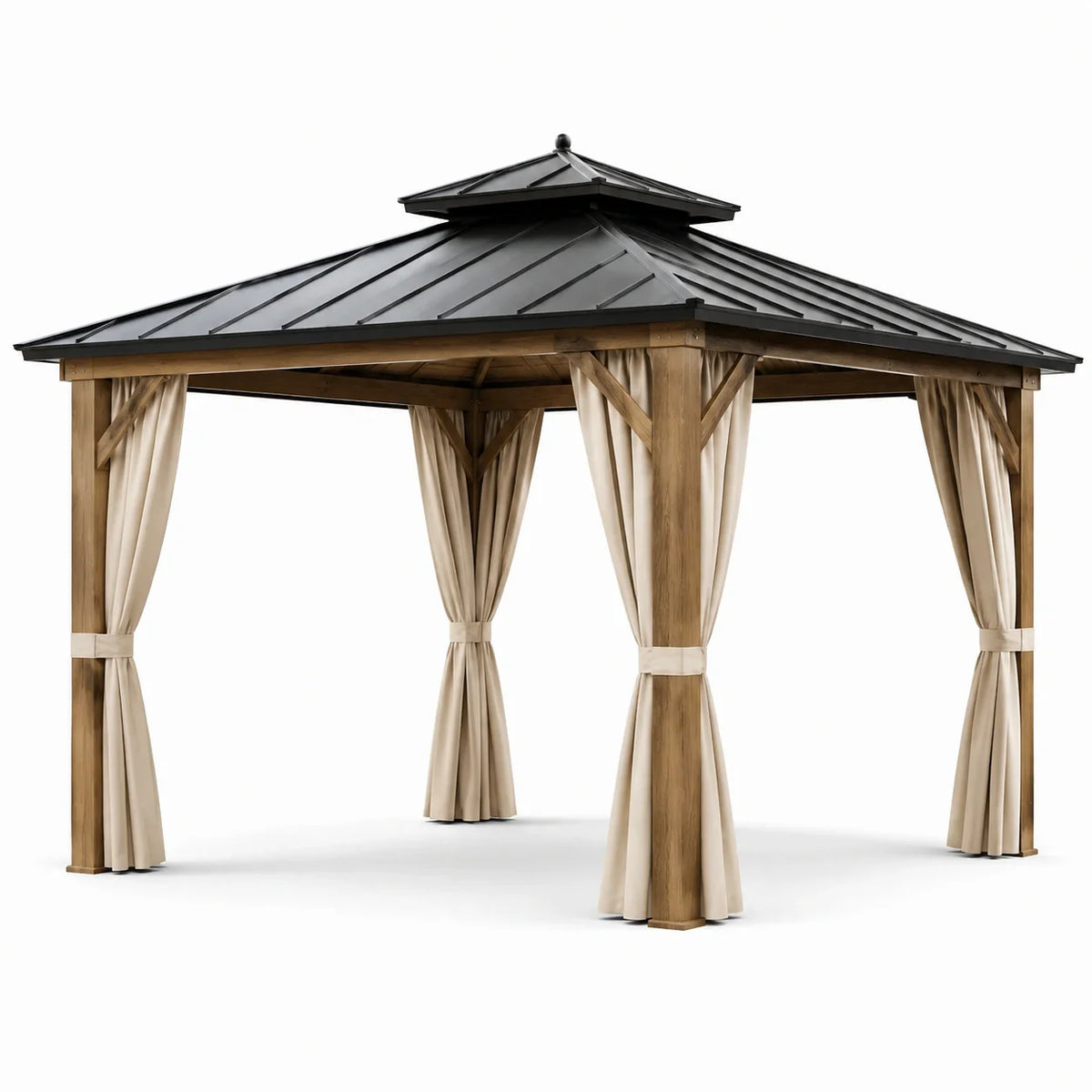 Pavillon en bois avec toit en métal et rideaux en polyester beige/noir - 2026