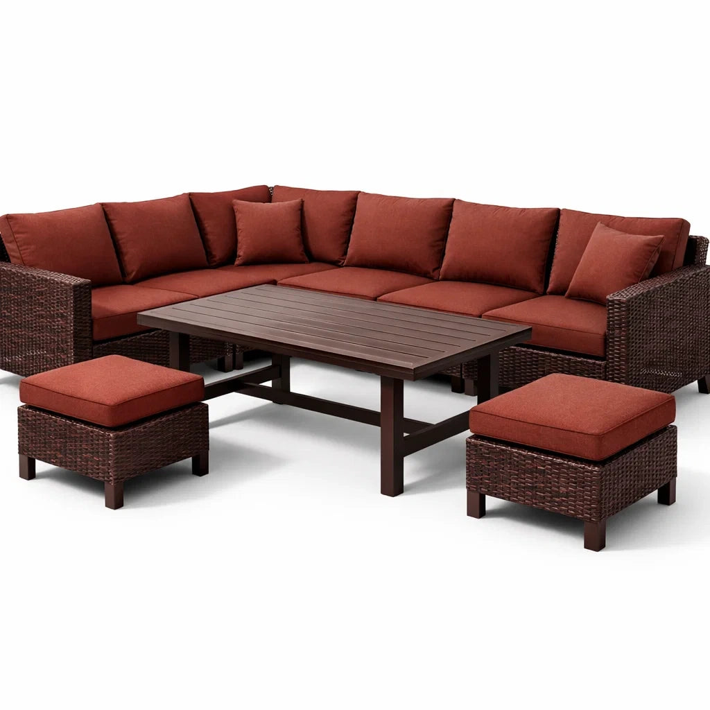 Salon de jardin en rotin brun avec coussins rouges et table rectangulaire - 2026