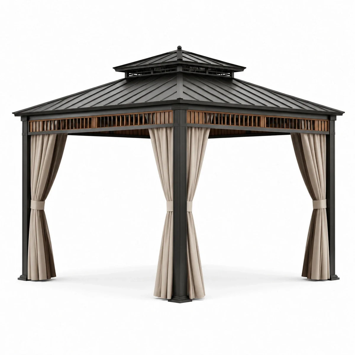 Pavillon de jardin en aluminium avec rideaux en polyester noir et beige - 2026