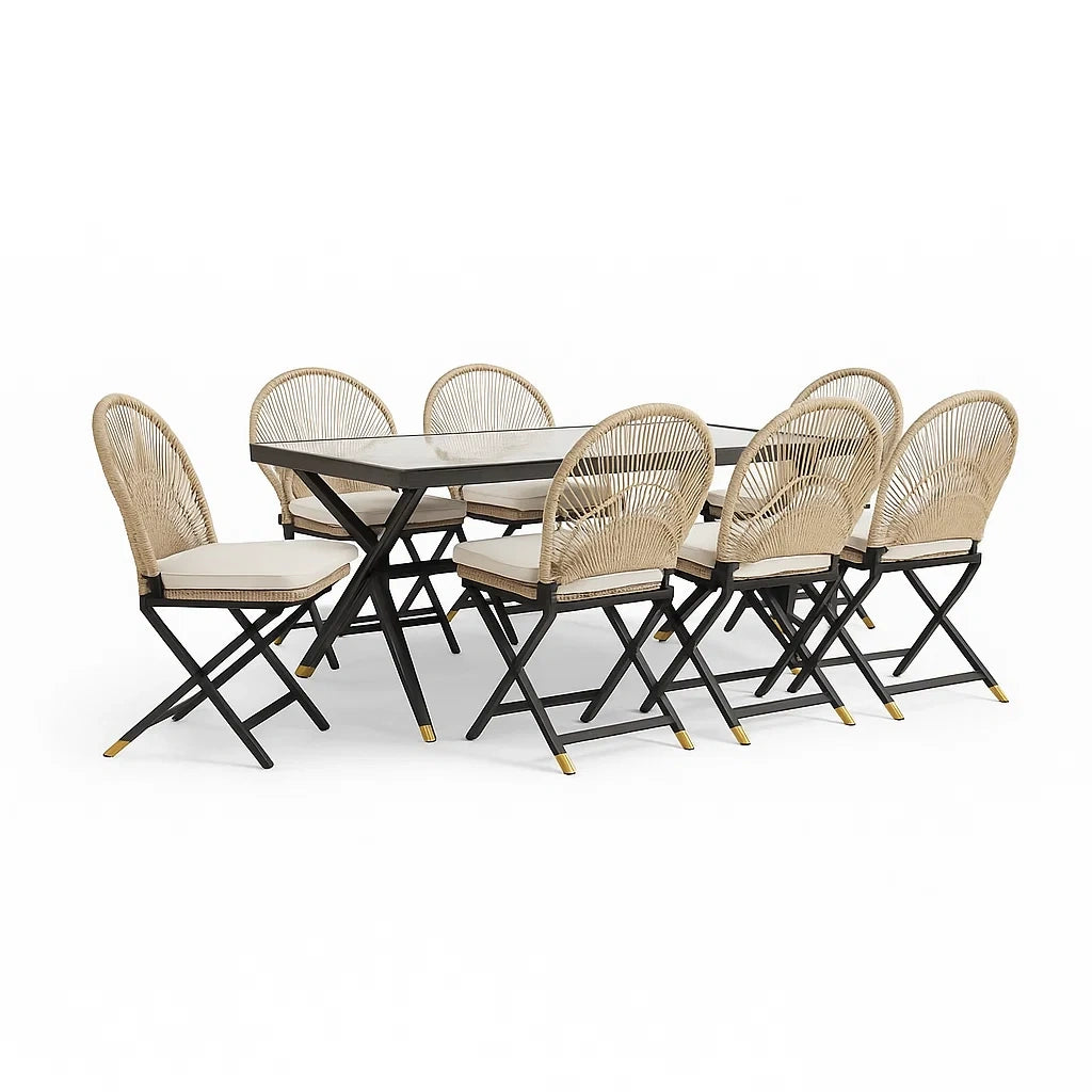 Ensemble table et chaises en aluminium avec plateau en verre trempé et assises en polyrotin beige - 2026