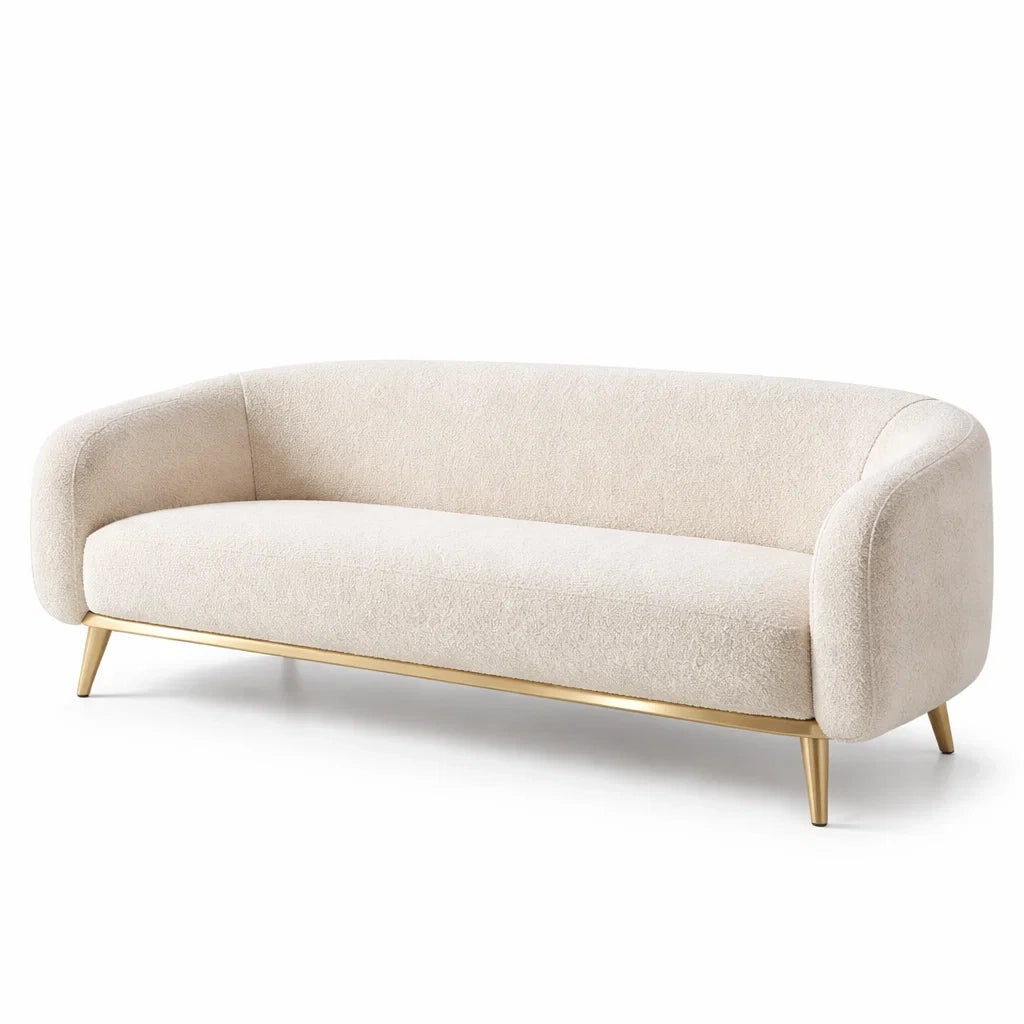 Canapé en tissu bouclé beige avec pieds en métal doré - 2026