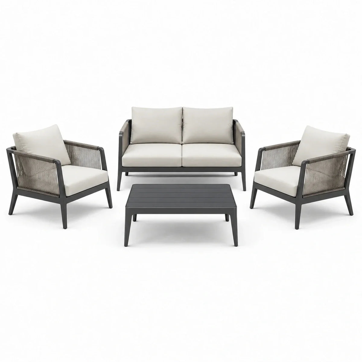 Ensemble de salon de jardin en aluminium et corde gris foncé avec coussins beiges - 2026