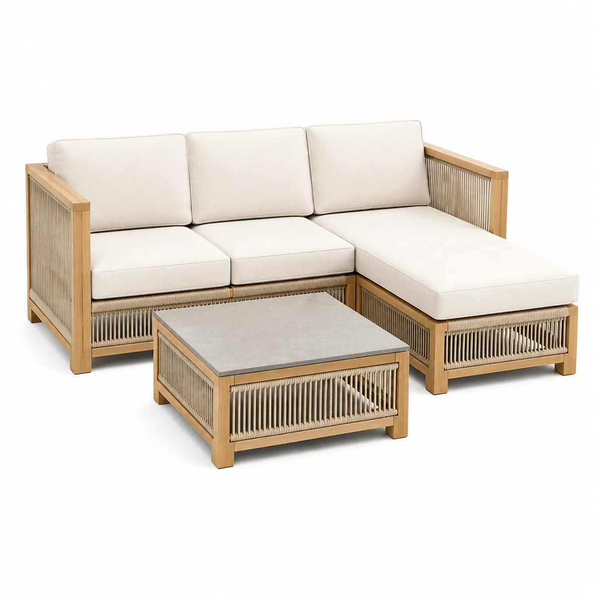 Ensemble de salon de jardin en bois avec coussins crème et table basse en céramique - 2026