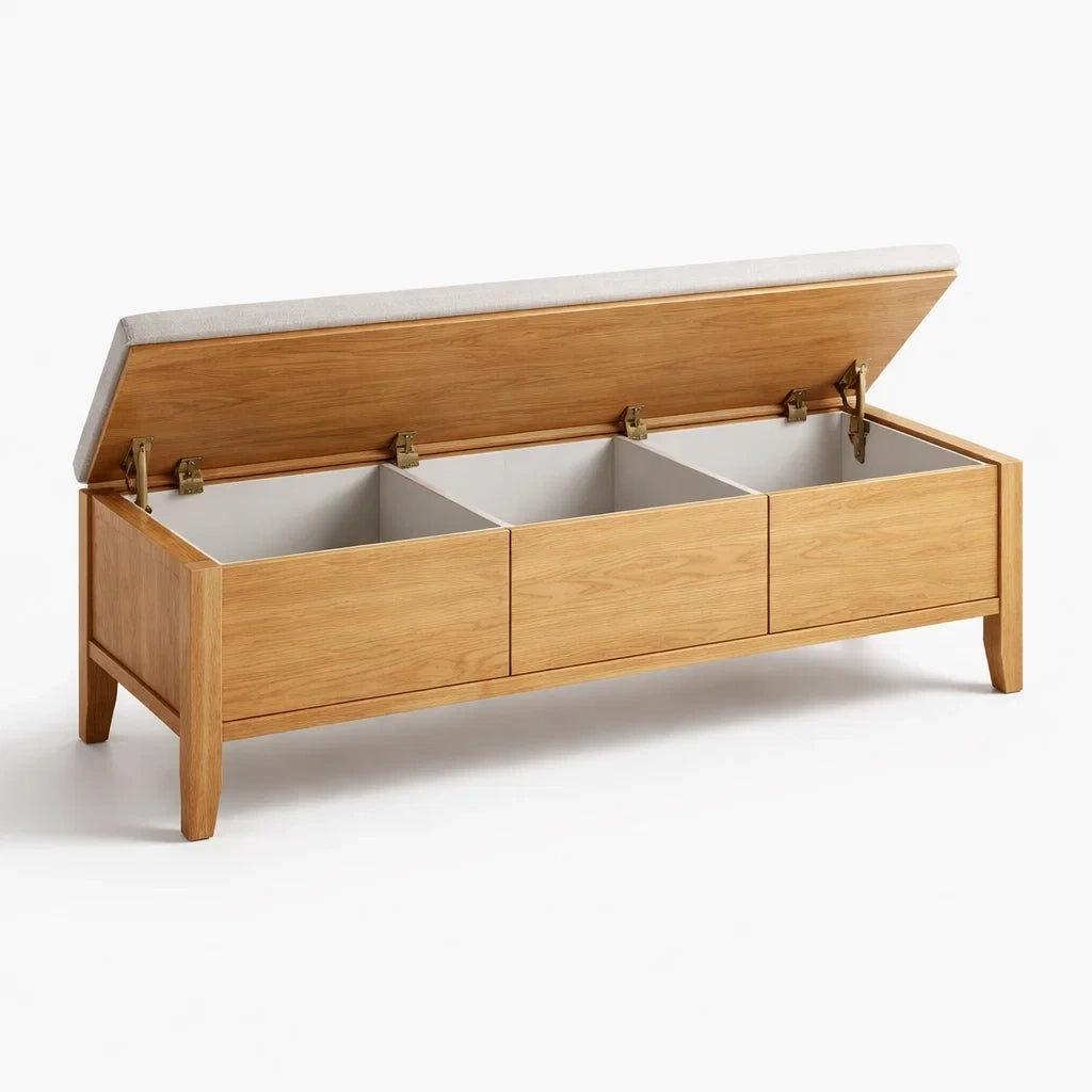 Banc de rangement en bois de chêne avec assise en tissu polyester 120x40x45 cm - 2026