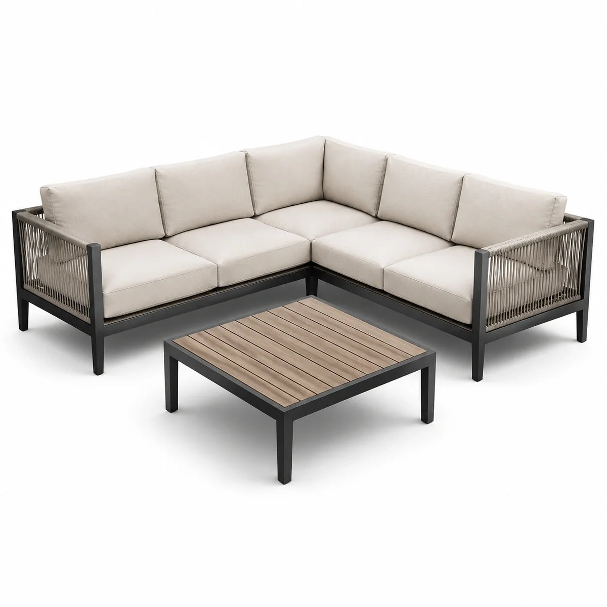 Salon de jardin en bois et aluminium avec coussins beiges - 2026