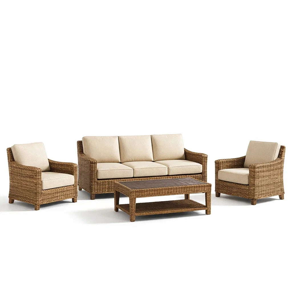 Ensemble de Salon de Jardin en Rotin Synthétique et Tissu Beige - 2026