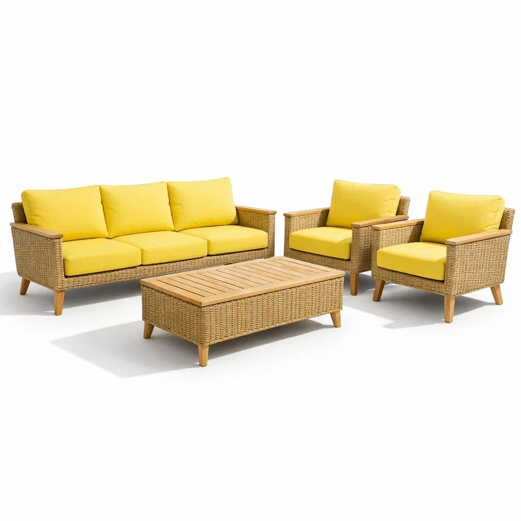 Salon de jardin en résine tressée avec coussins jaunes et table en bois - 2026
