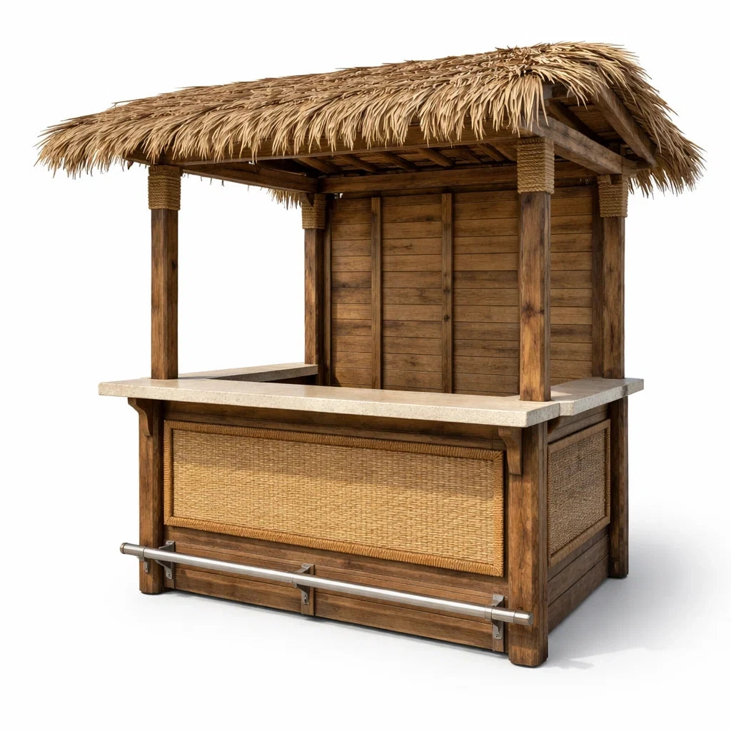 Kiosque bar de jardin en bois et rotin avec toit en paille - 2026