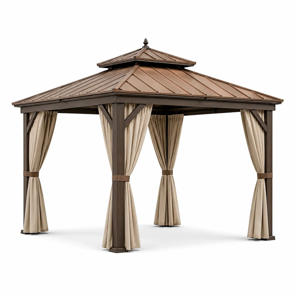Pavillon de jardin en métal brun avec rideaux en polyester beige - 2026