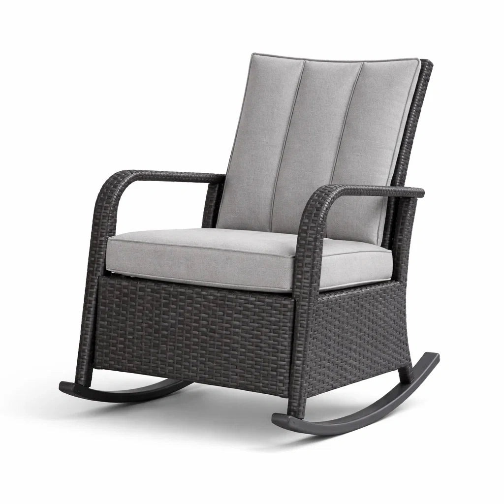 Fauteuil à bascule en résine tressée avec coussin en polyester gris clair - 2026