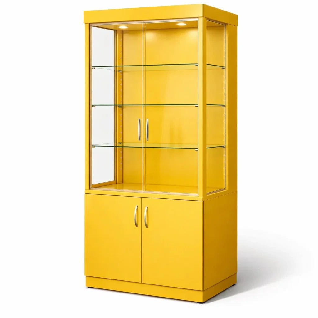 Vitrine en verre trempé et bois jaune avec éclairage intégré - 2026