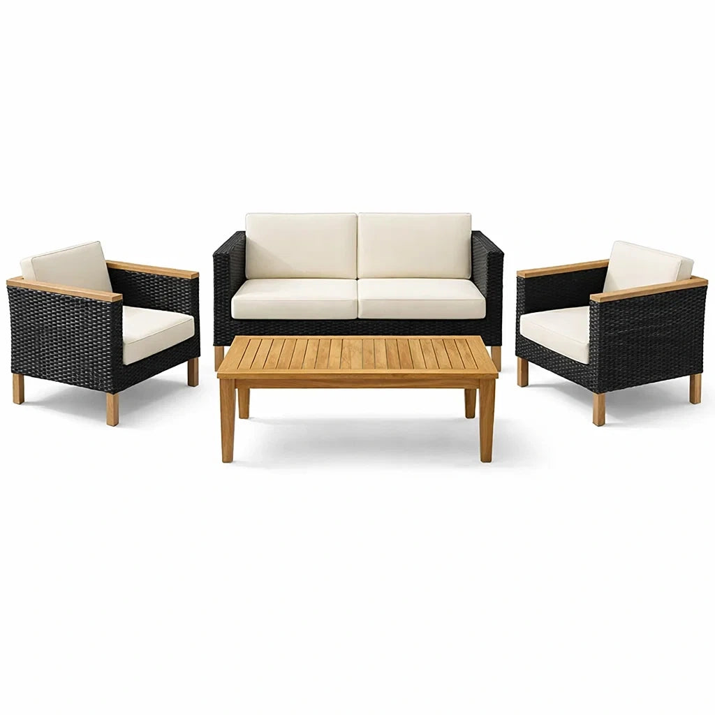 Ensemble de salon en rotin synthétique et bois 4 pièces beige - 2026