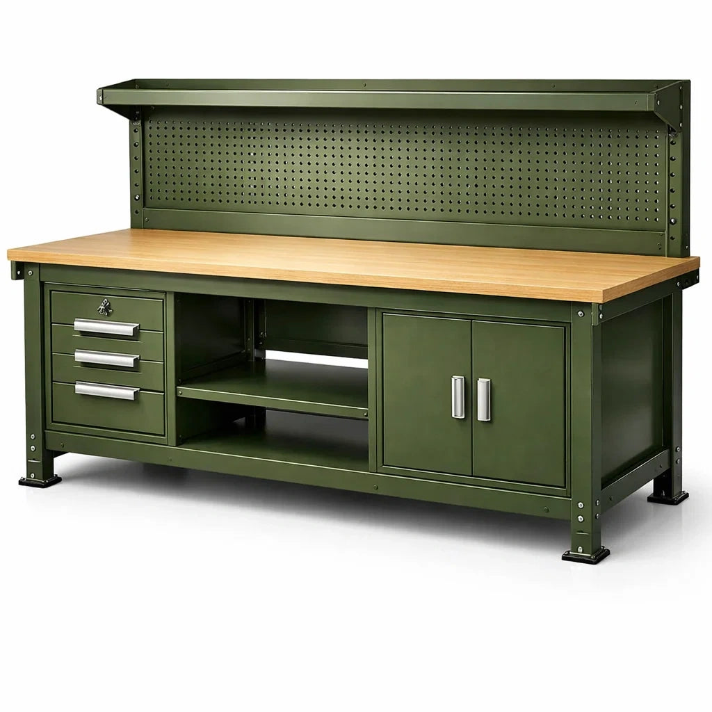 Établi en métal vert avec plateau en bois 150x75x90 cm - 2026