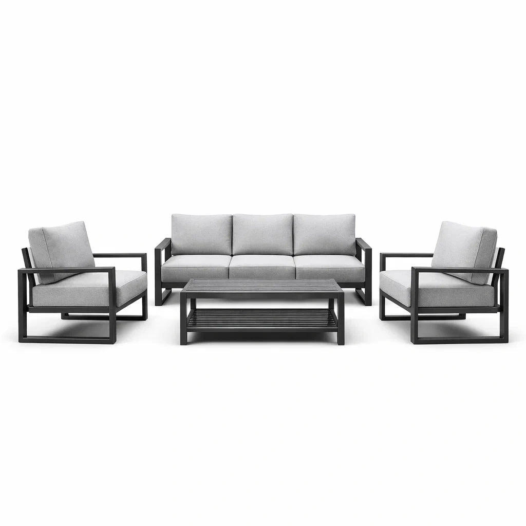 Ensemble de salon en aluminium noir avec coussins gris - 2026