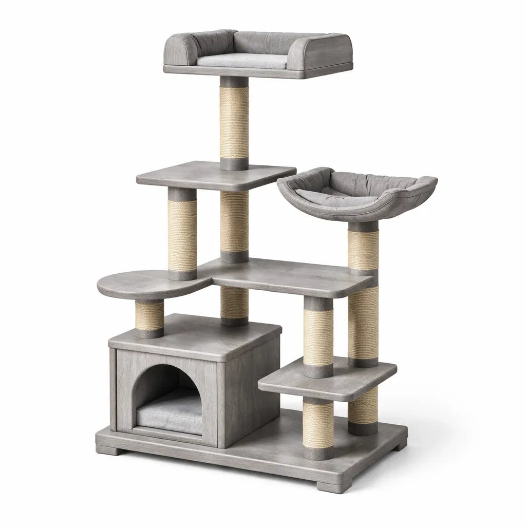 Arbre à chat en Panneaux de Particules avec Griffoirs en Sisal et Coussins en Polyester Gris - 2026