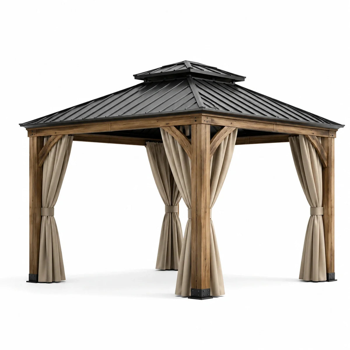 Pavillon en bois et acier avec rideaux beiges 3x3m - 2026