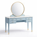 Coiffeuse en bois bleu avec miroir rond et plateau en marbre - 2026