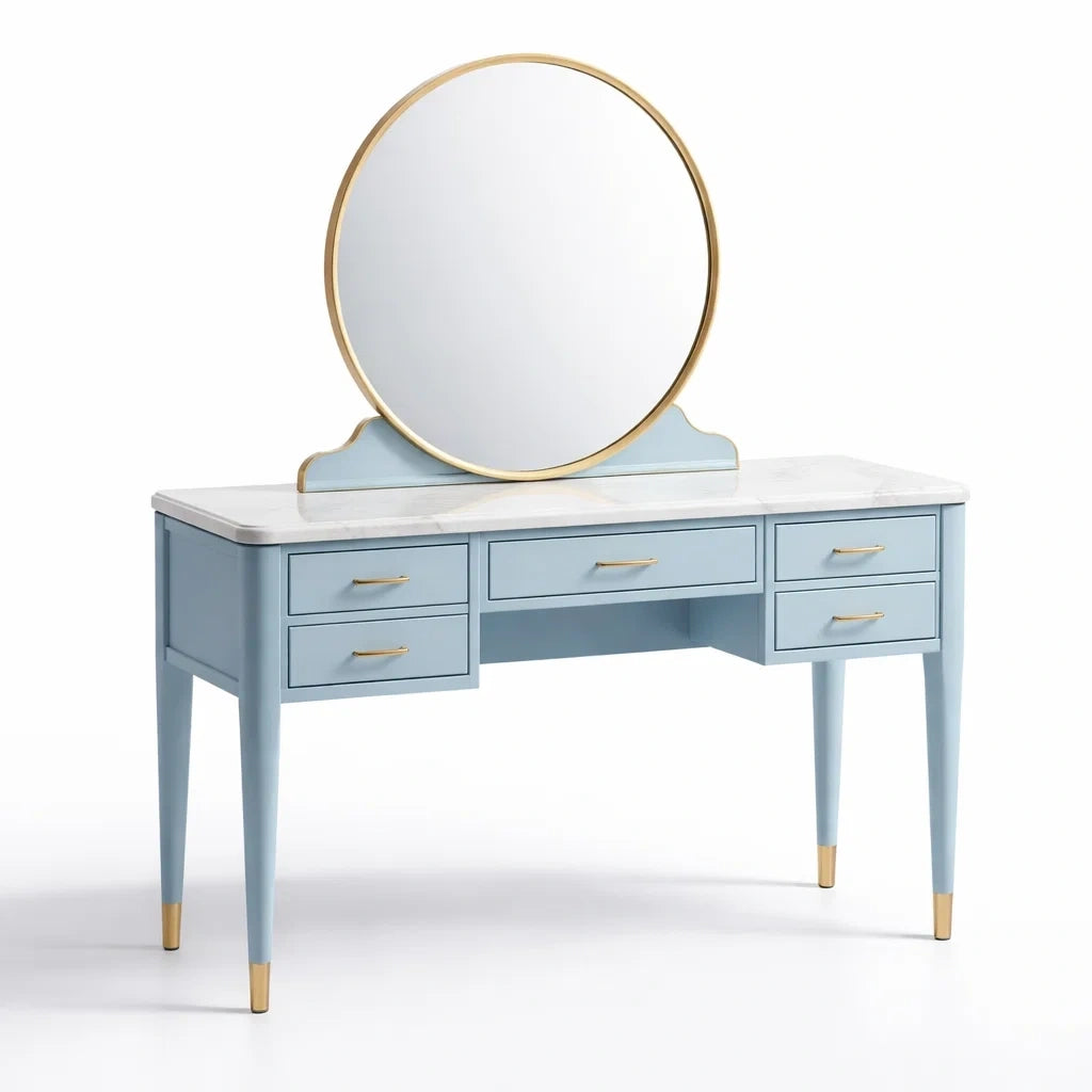 Coiffeuse en bois bleu avec miroir rond et plateau en marbre - 2026