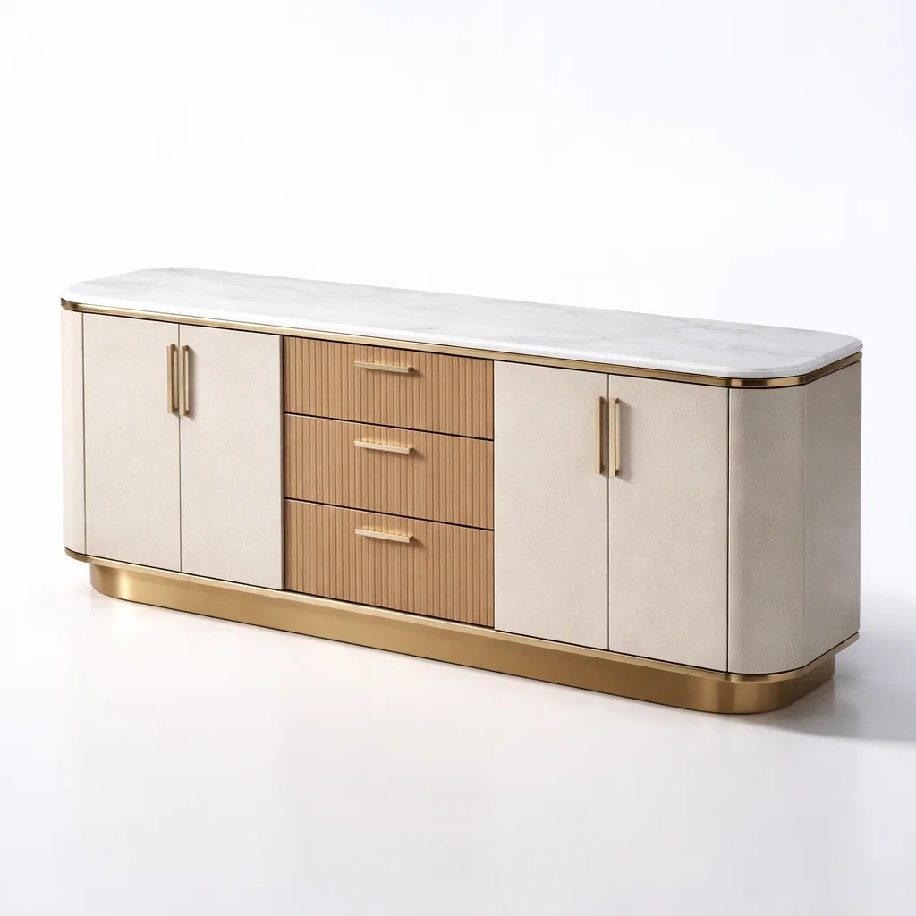 Buffet en bois et métal avec plateau en quartz blanc et détails dorés - 2026