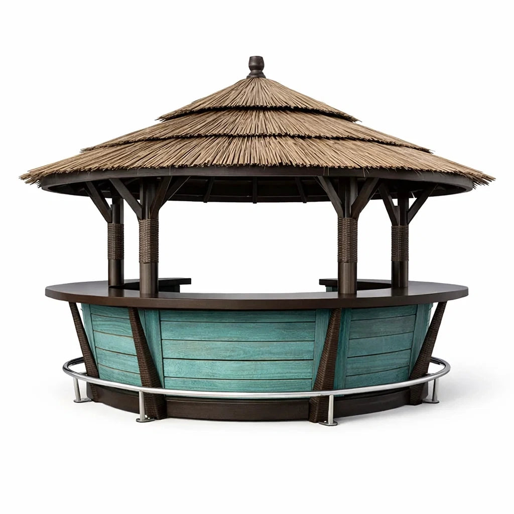 Kiosque à bar en bois et métal avec toit en chaume marron vert 300x200x250 cm - 2026