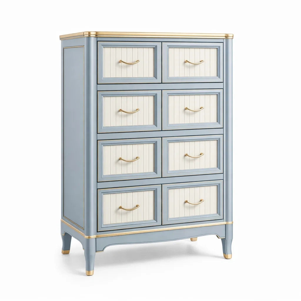 Commode en bois bleu et crème avec 8 tiroirs et poignées dorées - 2026