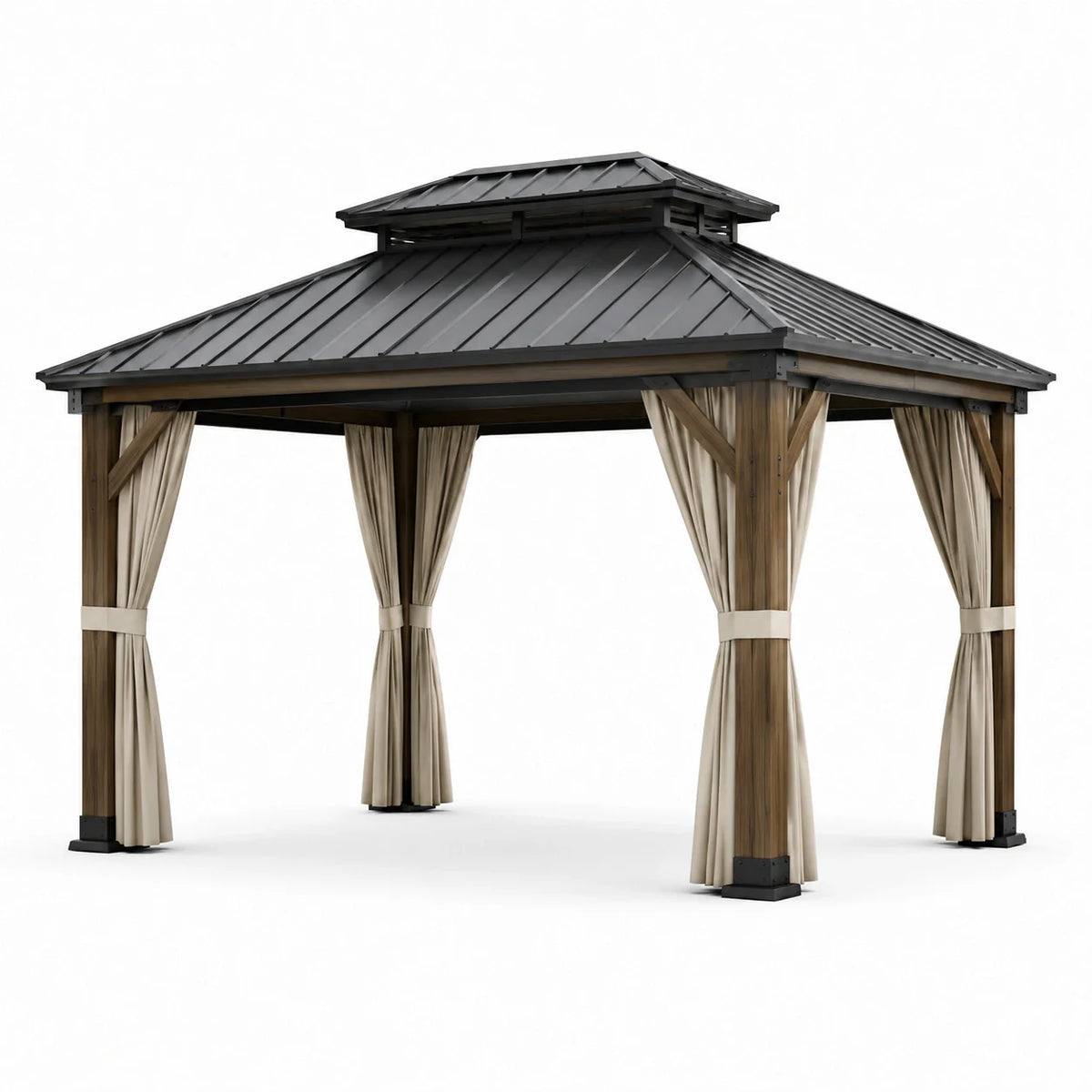 Pavillon en bois et métal avec toit et rideaux beige 350 cm x 350 cm - 2026