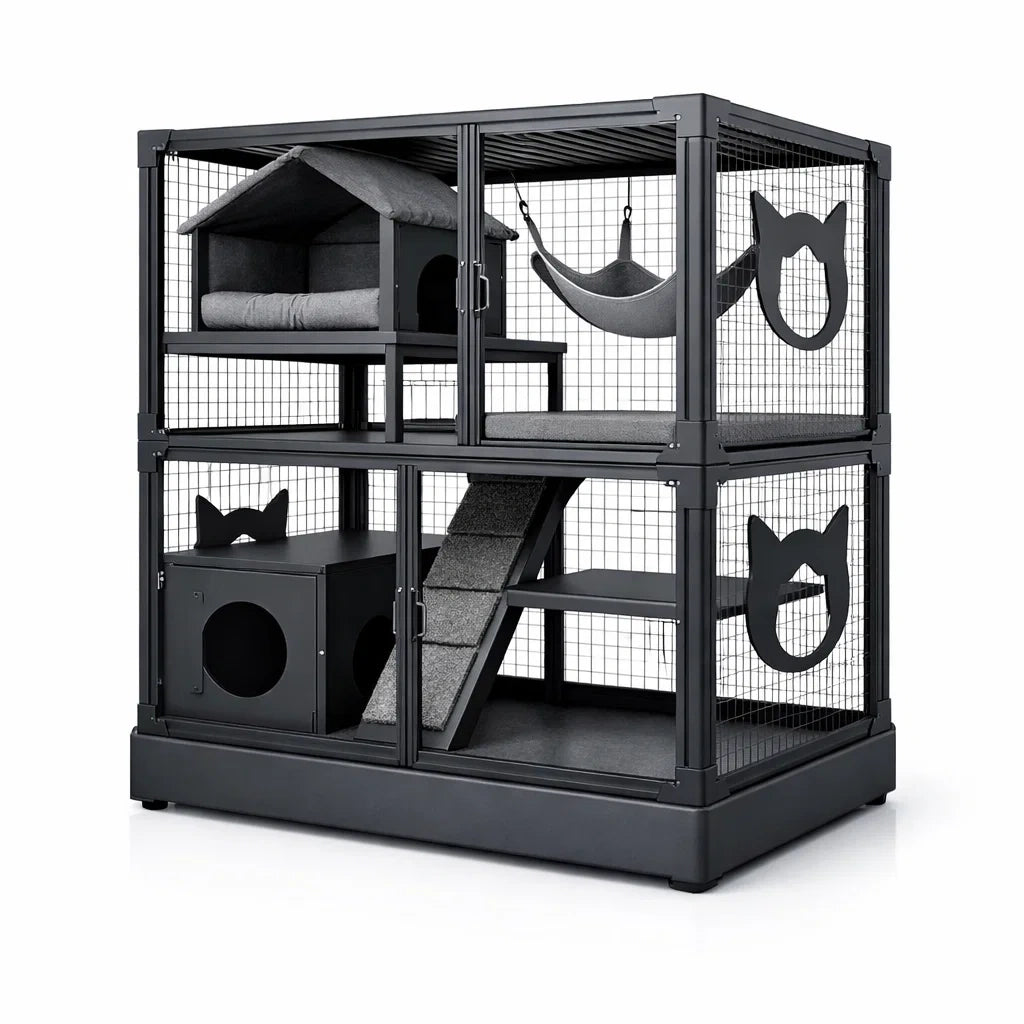 Cage à chat à trois niveaux en métal et polyester noir - 2026