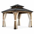 Tonnelle de jardin en bois brun 300 × 300 × 310 cm avec toit métallique noir et rideaux écrus - 2026