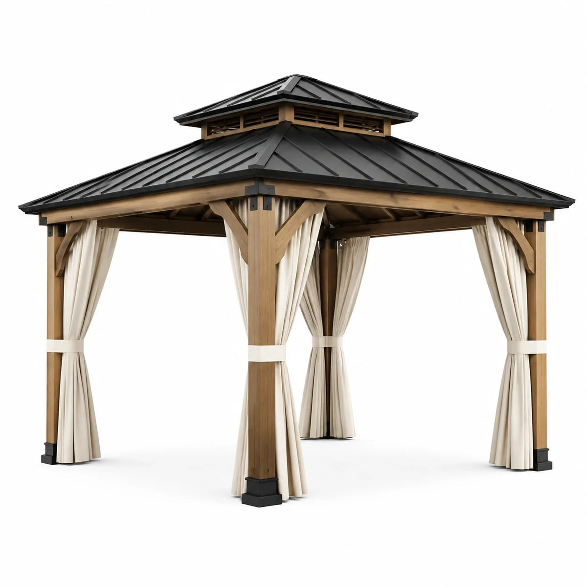 Tonnelle de jardin en bois brun 300 × 300 × 310 cm avec toit métallique noir et rideaux écrus - 2026
