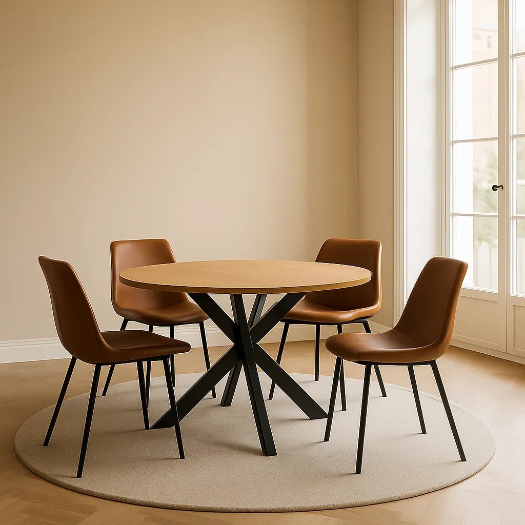 Ensembles de salle à manger de 5 pièces salle à manger table ronde en bois et métal avec 4 chaises en similicuir marron - 2026