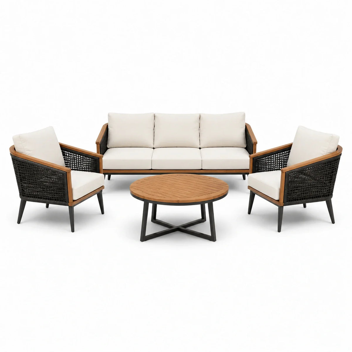 Ensemble de mobilier de jardin en aluminium, résine et teck avec coussins crème - 2026