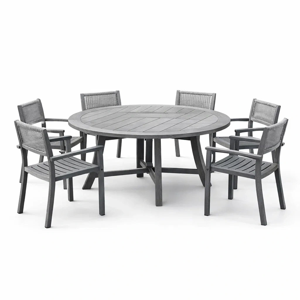 Ensemble table et chaises avec table ronde en bois composite et résine tressée gris - 2026