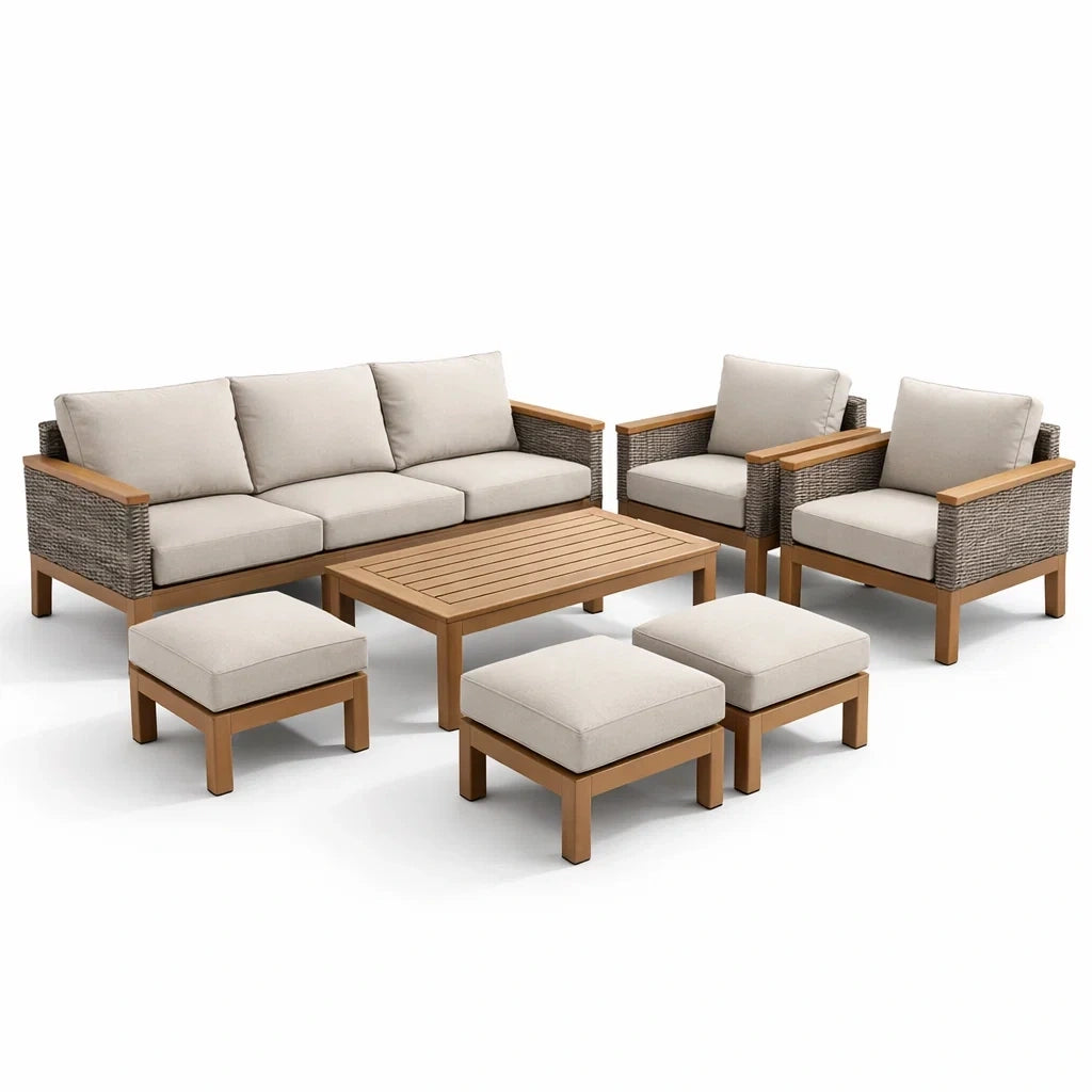 Salon de jardin en bois et résine tressée avec coussins polyester beige - 2026