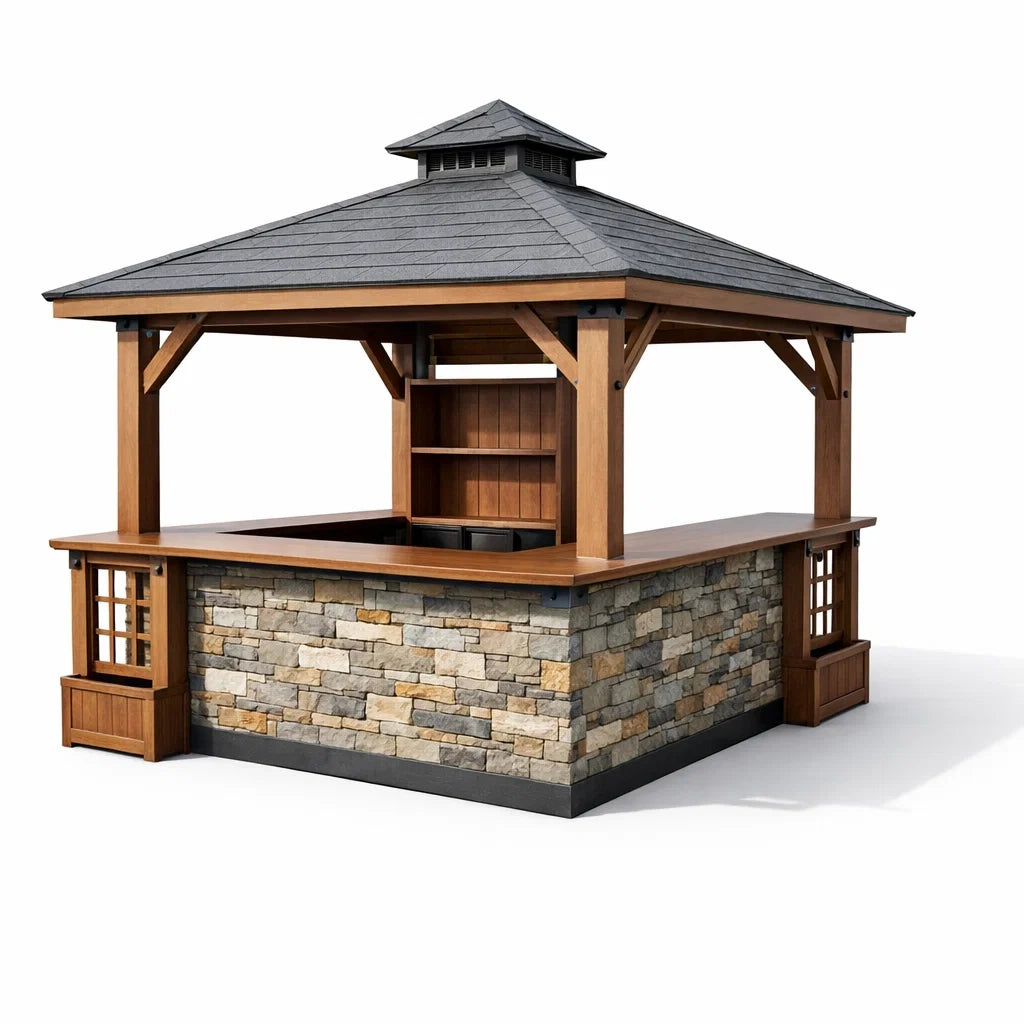 Kiosque bar de jardin en bois et pierre avec toit en ardoise - 2026