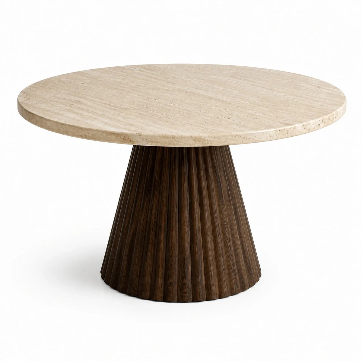 Table à manger ronde Ø 120 × H 75 cm, plateau beige aspect travertin et pied central rainuré brun foncé - 2026