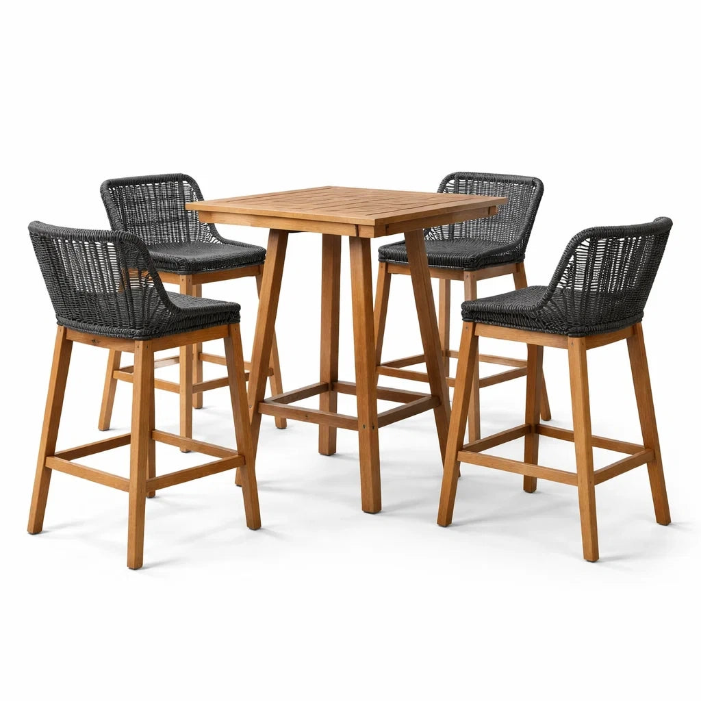 Ensemble de bar carré en bois avec 4 tabourets en résine tressée - 2026