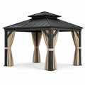 Pergola de jardin en métal noir avec rideaux beiges et toit rigide à double niveau, 300 × 300 × 290 cm - 2026