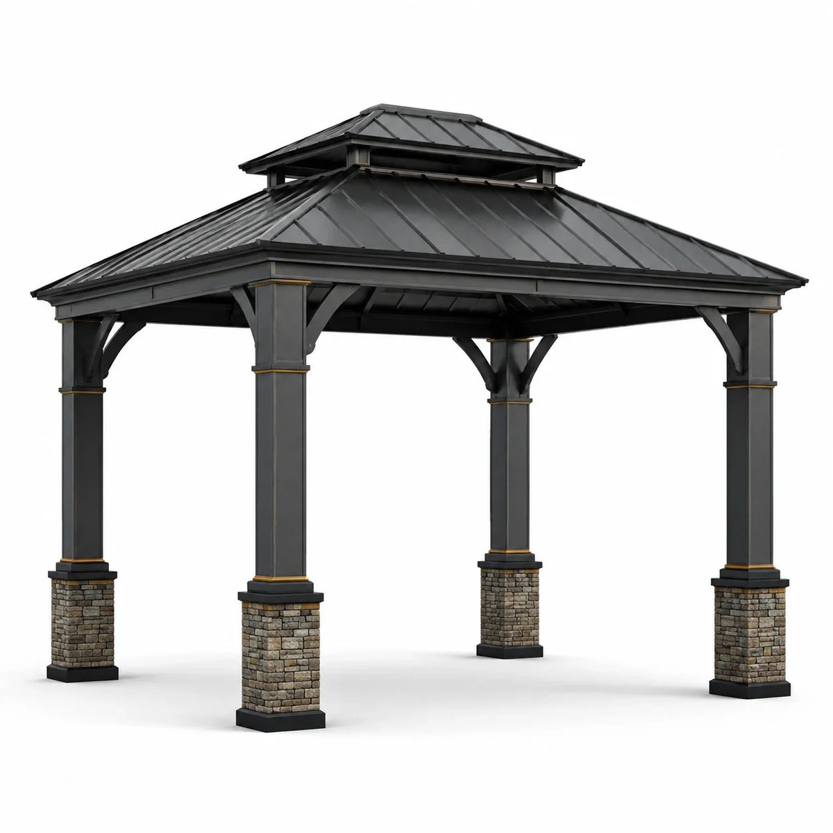 Pavillon de jardin en acier avec toit double couche et base en pierre - 2026