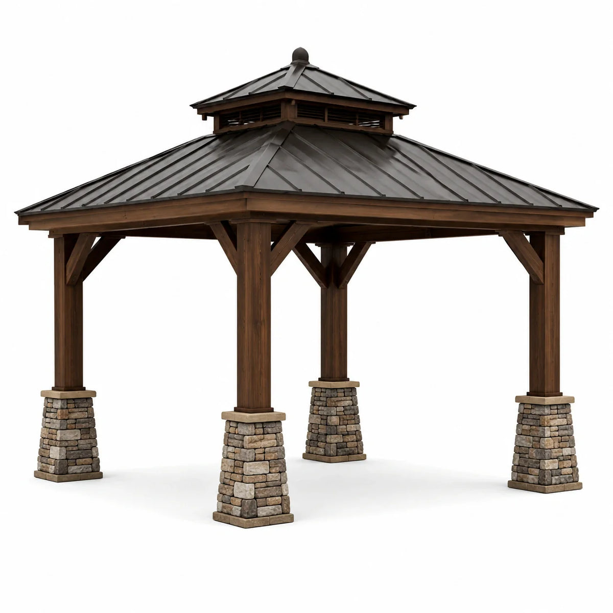 Pavillon en bois avec toit métallique et colonnes en pierre 400x300 cm - 2026