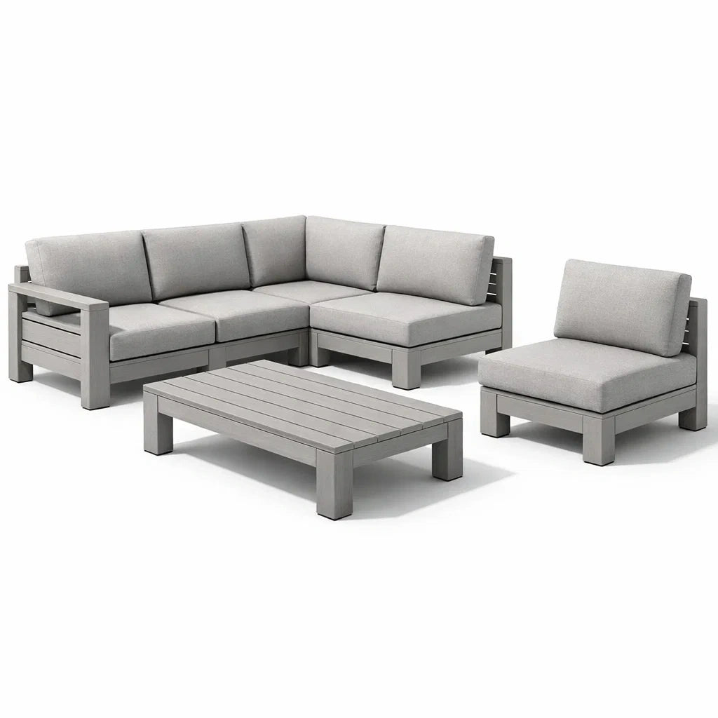 Salon de jardin avec structure en bois gris et coussins en polyester - 2026