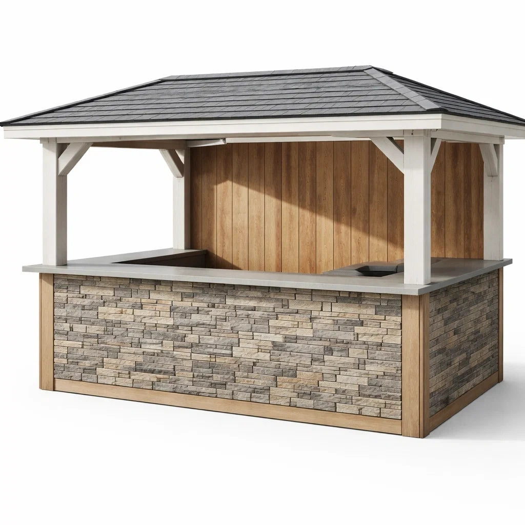 Kiosque bar de jardin en bois de cèdre et pierre 250 x 150 x 250 cm - 2026