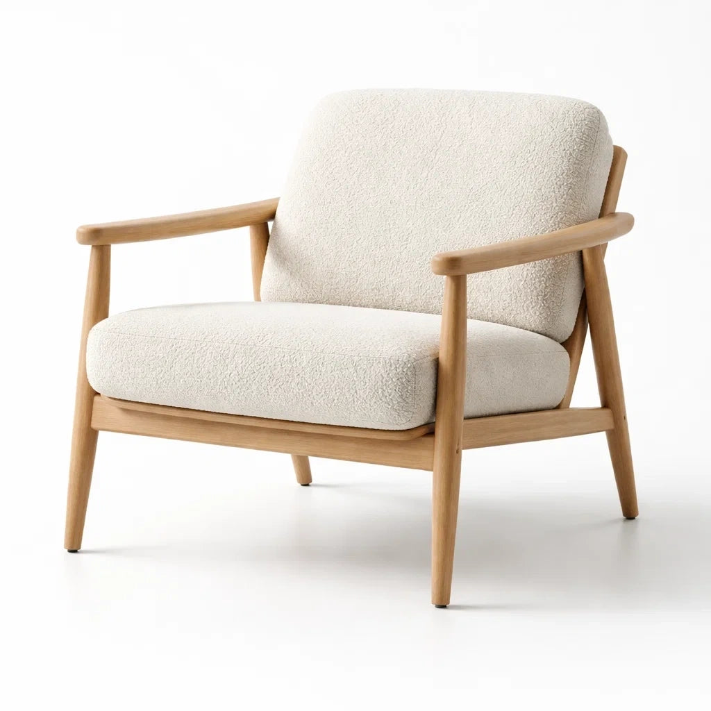 Fauteuil en bois de chêne avec tissu bouclé beige - 2026