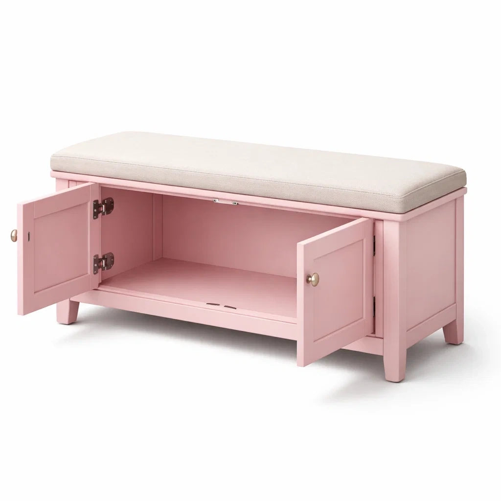 Banc de rangement en bois rose avec coussin en tissu - 2026