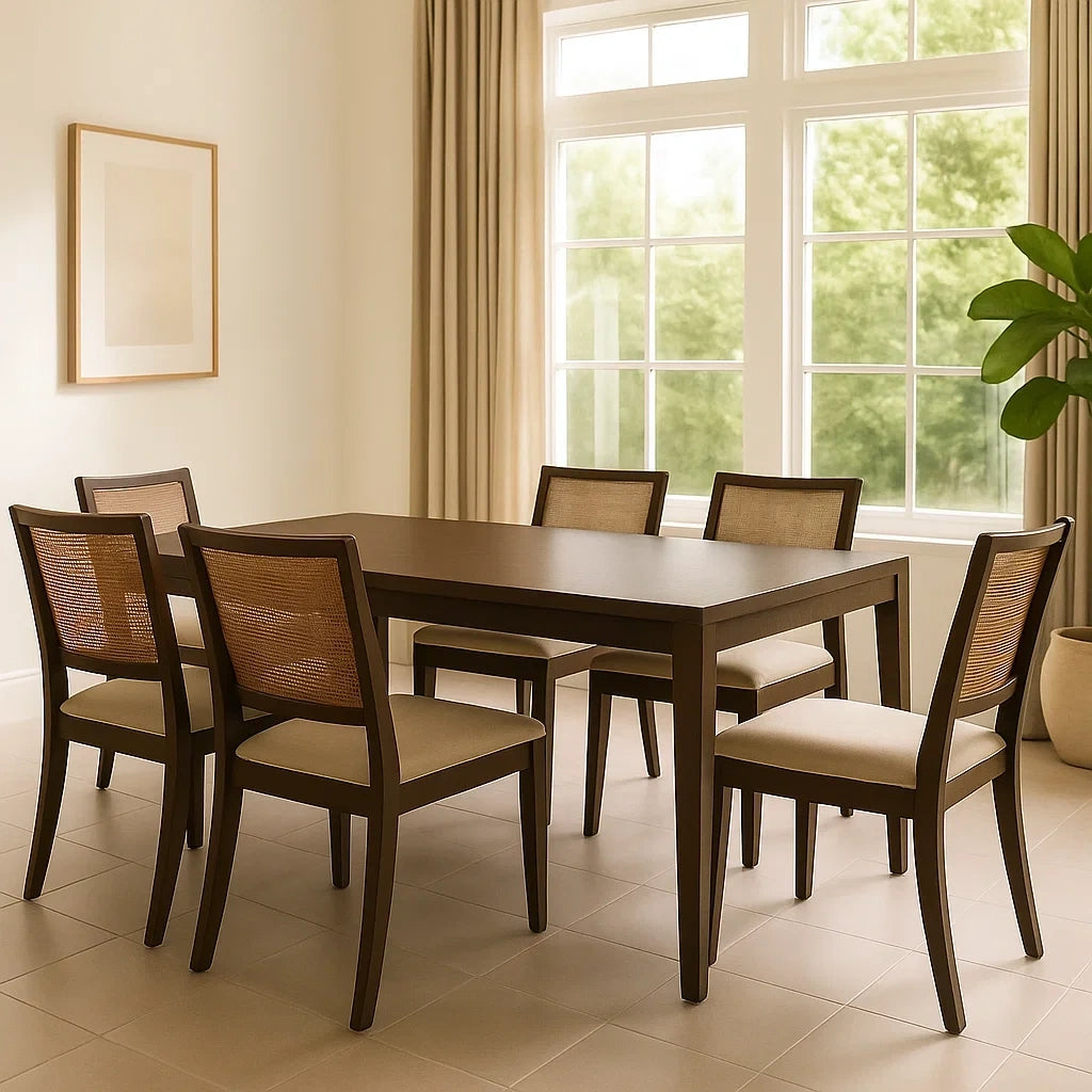 Ensembles de salle à manger de 7 pièces table à manger ensemble avec 6 chaises en bois massif marron, surface cannée, 150x90x75 cm - 2026