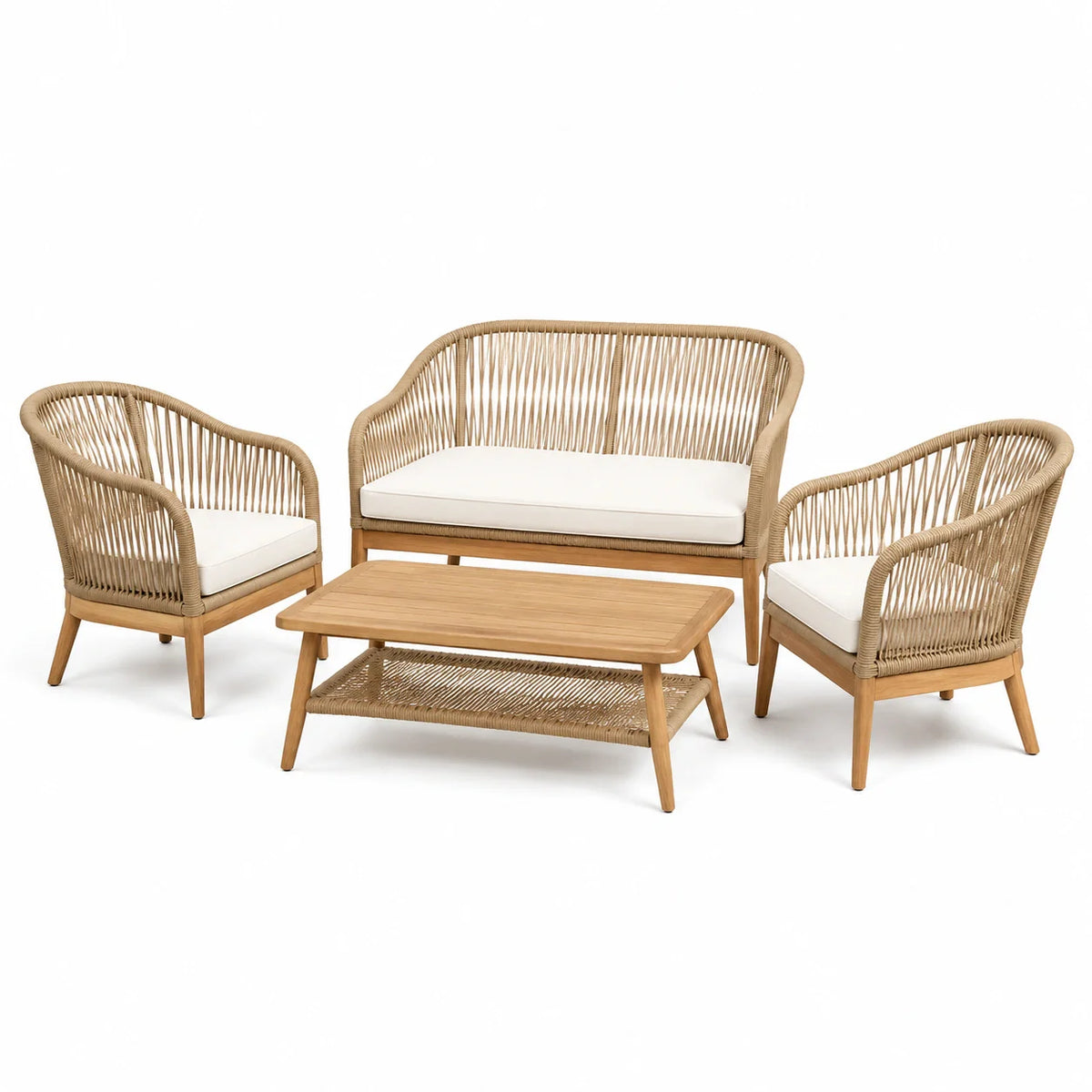 Ensemble de meubles de jardin en bois et corde beige avec coussins crème - 2026